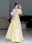 Sweet Cream Yellow A-Line Off-The-Shoulder Bow-Embellished High-Slit Satin Long Formal Prom Dresses
