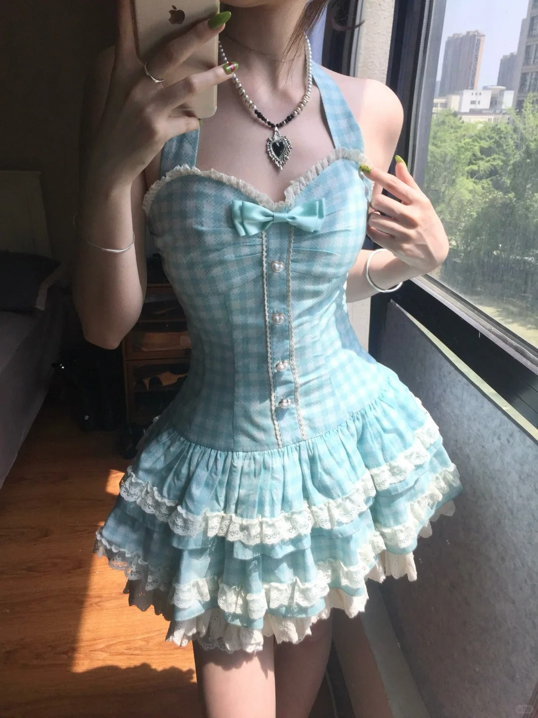 Sweet Halter Neck Blue Plaid Lace Trim Mini Homecoming Dresses Secondary image