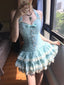 Sweet Halter Neck Blue Plaid Lace Trim Mini Homecoming Dresses