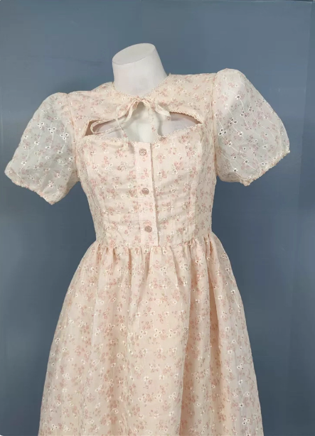 Sweet Light Apricot A-Line Floral Print Puff Sleeve Chiffon Formal Prom Dresses Secondary image