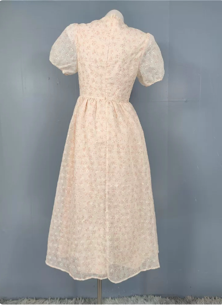 Sweet Light Apricot A-Line Floral Print Puff Sleeve Chiffon Formal Prom Dresses