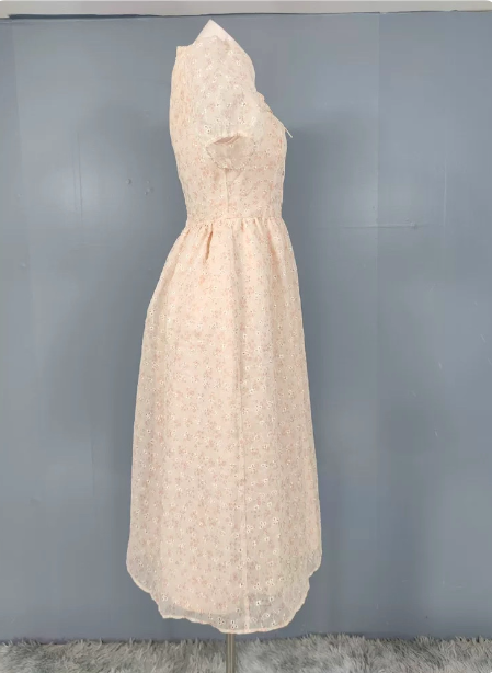Sweet Light Apricot A-Line Floral Print Puff Sleeve Chiffon Formal Prom Dresses
