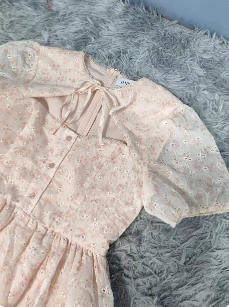 Sweet Light Apricot A-Line Floral Print Puff Sleeve Chiffon Formal Prom Dresses