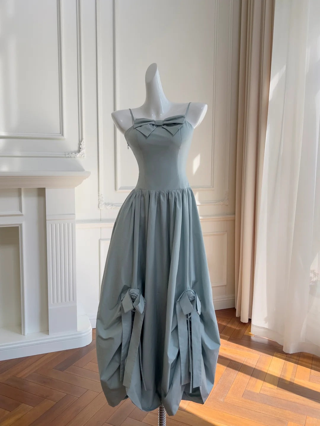 Sweet Light Blue Bud Strappy Bow Formal Prom Dresses