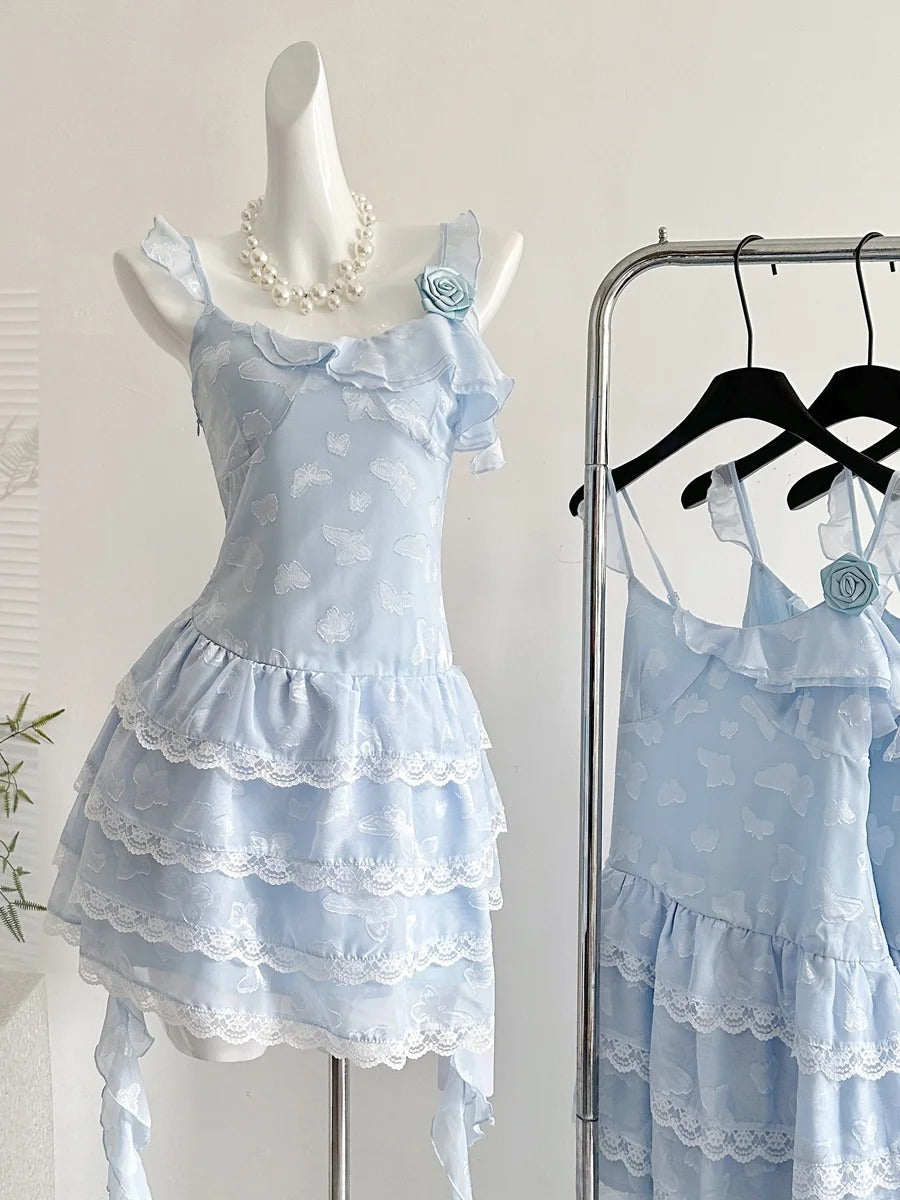 Sweet Light Blue Cake Skirt Multi-Layer Lace Chiffon Short 16Th Birthday Homecoming Dresses