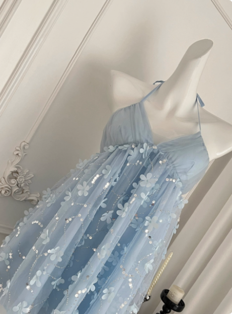 Sweet Light Blue Heavy Sequin Embroidery Three-Dimensional Flower Halter Neck Mesh Birthday Short Skirt Homecoming Dresses Secondary image