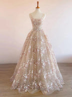 Sweet Light Champagne A-Line Tulle Sequin Applique Long Formal Prom Dresses Formal Prom Dresses Birthday Dresses