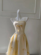 Sweet Light Yellow A-Line Spaghetti Strap Bow Satin Long Formal Prom Dresses Bridesmaid Dresses