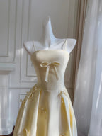 Sweet Light Yellow A-Line Spaghetti Strap Bow Satin Long Formal Prom Dresses Bridesmaid Dresses