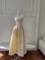 Sweet Light Yellow A-Line Spaghetti Strap Bow Satin Long Formal Prom Dresses Bridesmaid Dresses