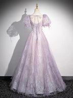 Sweet Lilac A-Line Sweetheart Tulle Beaded Long Formal Prom Dresses Puffy Sleeves Graduation Dresses