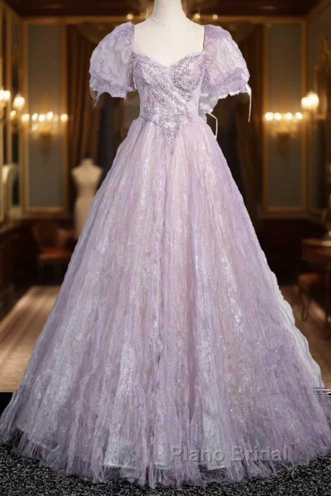Sweet Lilac A-Line Sweetheart Tulle Beaded Long Formal Prom Dresses Puffy Sleeves Graduation Dresses Main image