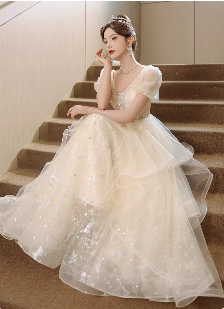 Sweet Milk Apricot A-Line Puff Short Sleeve Tulle Long Formal Prom Dresses Secondary image