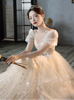 Sweet Milk Apricot A-Line Puff Short Sleeve Tulle Long Formal Prom Dresses