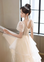 Sweet Milk Apricot A-Line Puff Short Sleeve Tulle Long Formal Prom Dresses