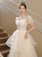 Sweet Milk Apricot A-Line Puff Short Sleeve Tulle Long Formal Prom Dresses