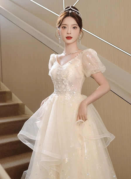 Sweet Milk Apricot A-Line Puff Short Sleeve Tulle Long Formal Prom Dresses