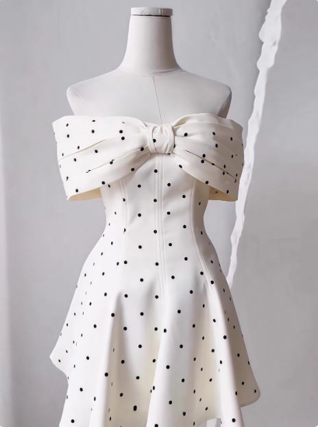 Sweet One-Shoulder Bow Satin Polka Dot Puffy Birthday Skirt Homecoming Dresses