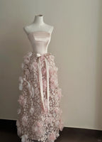Sweet Pale Pink A-Line 3D Floral Satin And Tulle Long Formal Prom Dresses Wedding Dresses
