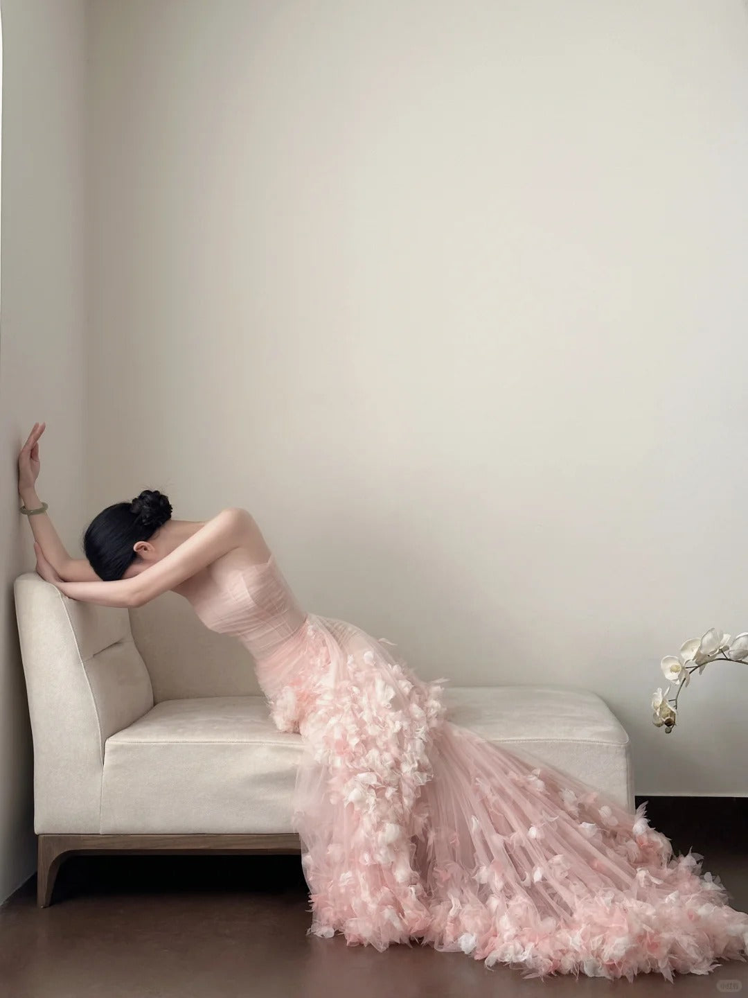 Sweet Pale Pink Mermaid Tail Three-Dimensional Petal Long Formal Prom Dresses Wedding Dresses Main image