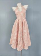 Sweet Pink A-Line Halter V-Neck Jacquard Formal Prom Dresses