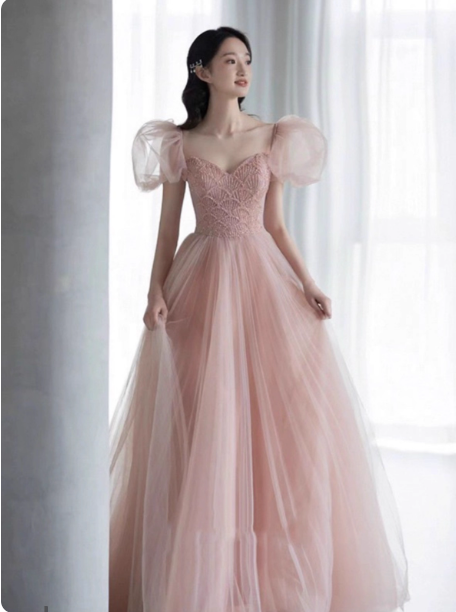 Sweet Pink A-Line Puff Sleeve Beaded Tulle Long Formal Prom Dresses Secondary image