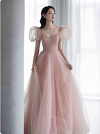 Sweet Pink A-Line Puff Sleeve Beaded Tulle Long Formal Prom Dresses