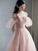 Sweet Pink A-Line Puff Sleeve Beaded Tulle Long Formal Prom Dresses