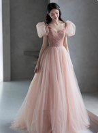 Sweet Pink A-Line Puff Sleeve Beaded Tulle Long Formal Prom Dresses