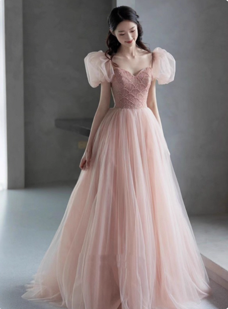 Sweet Pink A-Line Puff Sleeve Beaded Tulle Long Formal Prom Dresses