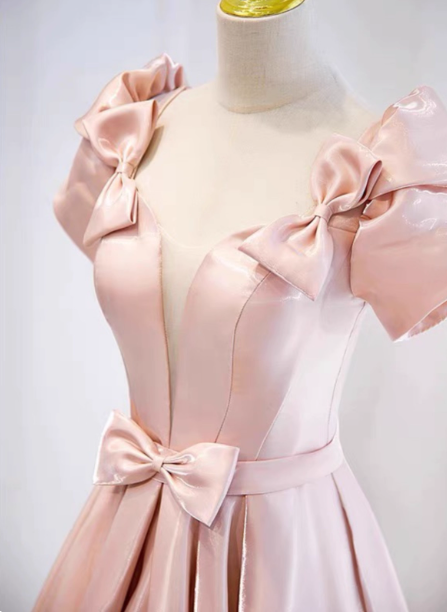 Sweet Pink A-Line Puff Sleeve Bow Satin Long Formal Prom Dresses Secondary image