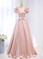Sweet Pink A-Line Puff Sleeve Bow Satin Long Formal Prom Dresses