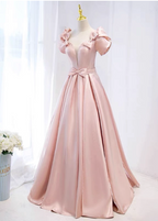 Sweet Pink A-Line Puff Sleeve Bow Satin Long Formal Prom Dresses