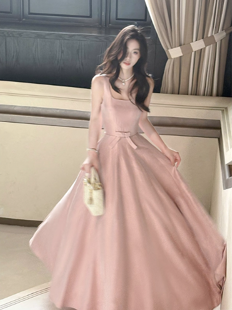 Sweet Pink A-Line Spaghetti Strap Square Neck Satin Long Formal Prom Dresses Bridesmaid Dresses Secondary image