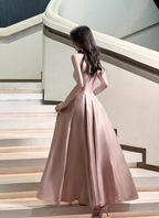Sweet Pink A-Line Spaghetti Strap Square Neck Satin Long Formal Prom Dresses Bridesmaid Dresses