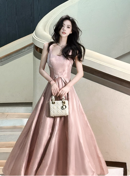 Sweet Pink A-Line Spaghetti Strap Square Neck Satin Long Formal Prom Dresses Bridesmaid Dresses