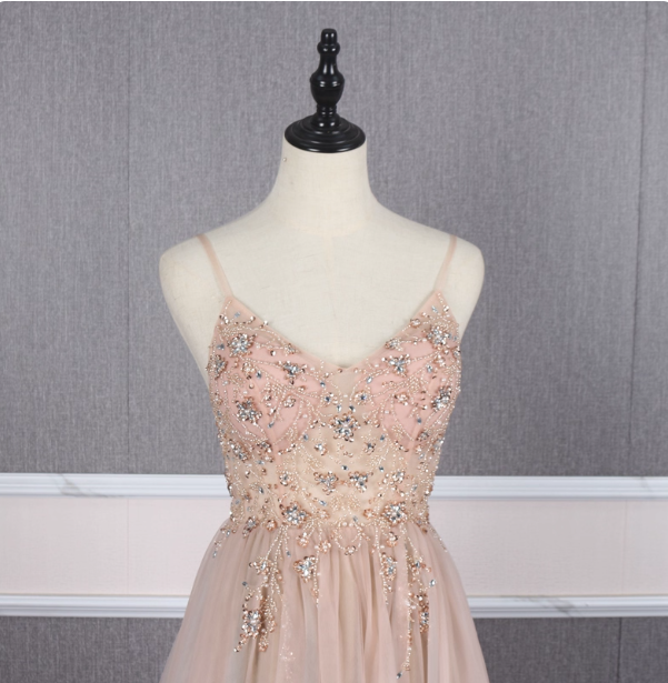 Sweet Pink A-Line Spaghetti Strap V-Neck Beaded Tulle Train Formal Prom Dresses Secondary image