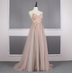 Sweet Pink A-Line Spaghetti Strap V-Neck Beaded Tulle Train Formal Prom Dresses