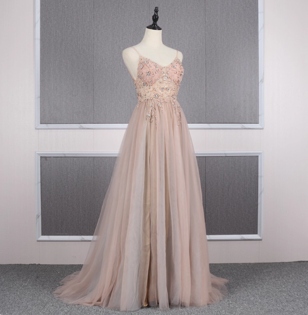 Sweet Pink A-Line Spaghetti Strap V-Neck Beaded Tulle Train Formal Prom Dresses
