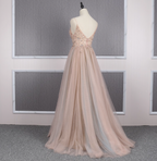 Sweet Pink A-Line Spaghetti Strap V-Neck Beaded Tulle Train Formal Prom Dresses
