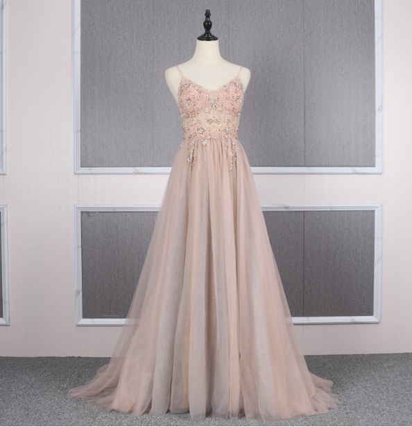 Sweet Pink A-Line Spaghetti Strap V-Neck Beaded Tulle Train Formal Prom Dresses Main image