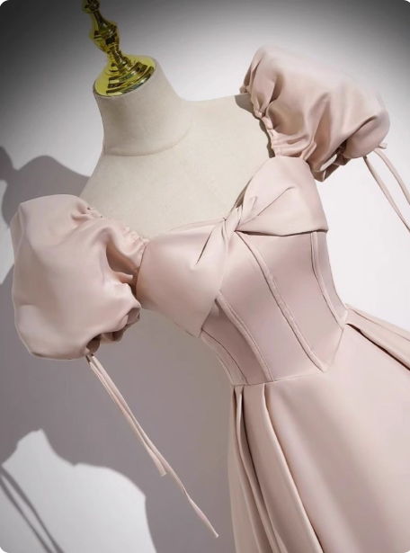 Sweet Pink A-Line Square Neck Puff Sleeve Satin Long Formal Prom Dresses Secondary image