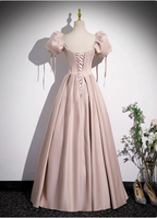 Sweet Pink A-Line Square Neck Puff Sleeve Satin Long Formal Prom Dresses