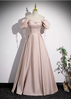Sweet Pink A-Line Square Neck Puff Sleeve Satin Long Formal Prom Dresses