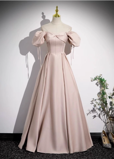 Sweet Pink A-Line Square Neck Puff Sleeve Satin Long Formal Prom Dresses