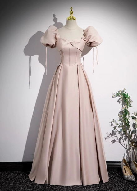 Sweet Pink A-Line Square Neck Puff Sleeve Satin Long Formal Prom Dresses Main image
