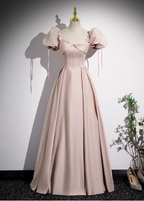 Sweet Pink A-Line Square Neck Puff Sleeve Satin Long Formal Prom Dresses
