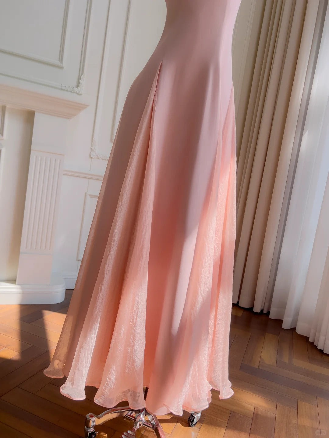 Sweet Pink A-Line Strap Chiffon Long Formal Prom Dresses
