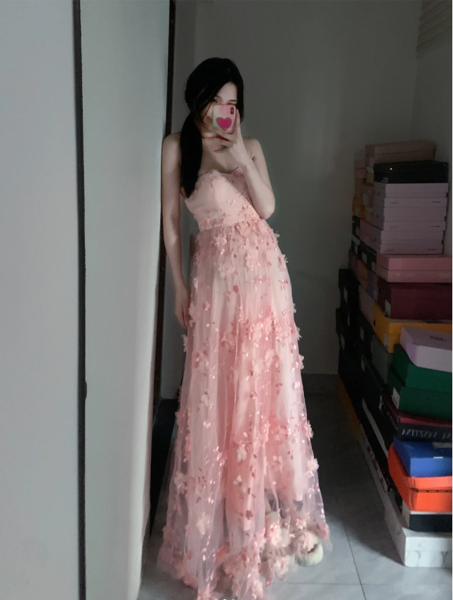 Sweet Pink A-Line Strapless 3D Floral Tulle Long Formal Prom Dresses