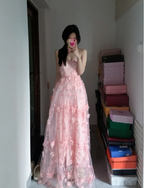 Sweet Pink A-Line Strapless 3D Floral Tulle Long Formal Prom Dresses